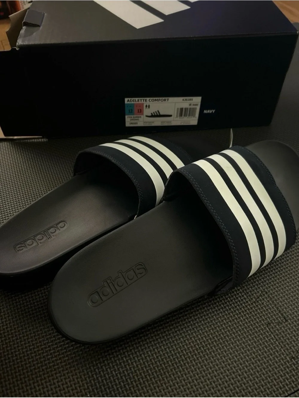 Adidas Adilette Comfort Slides in Navy and White